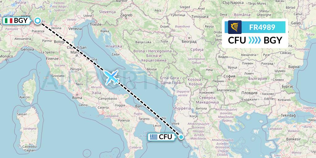 FR4989 Ryanair Flight Map: Corfu to Milan