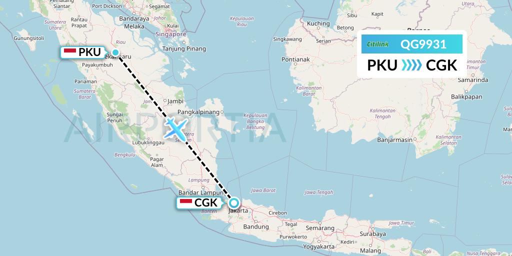 QG9931 Citilink Flight Map: Pekanbaru to Jakarta