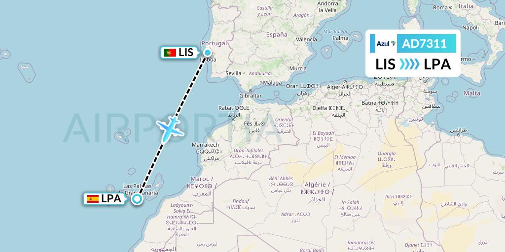 AD7311 Azul Brazilian Airlines Flight Map: Lisbon to Las Palmas