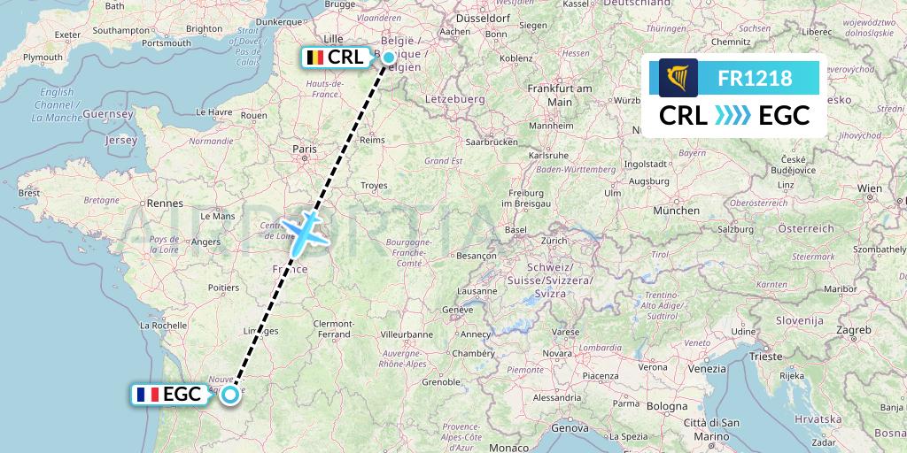 FR1218 Ryanair Flight Map: Brussels to Bergerac