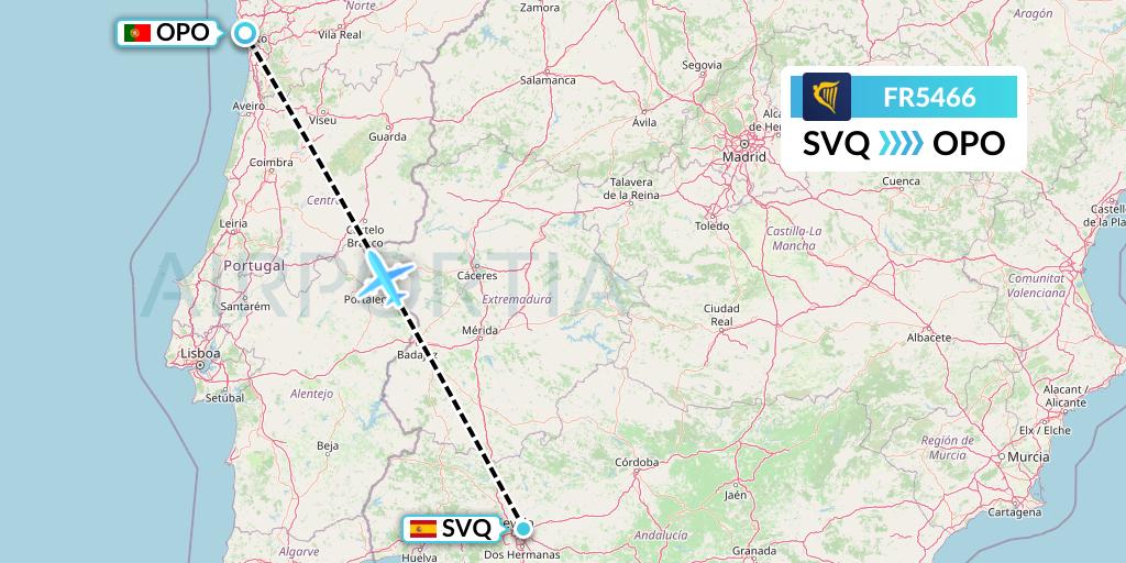 FR5466 Ryanair Flight Map: Seville to Porto