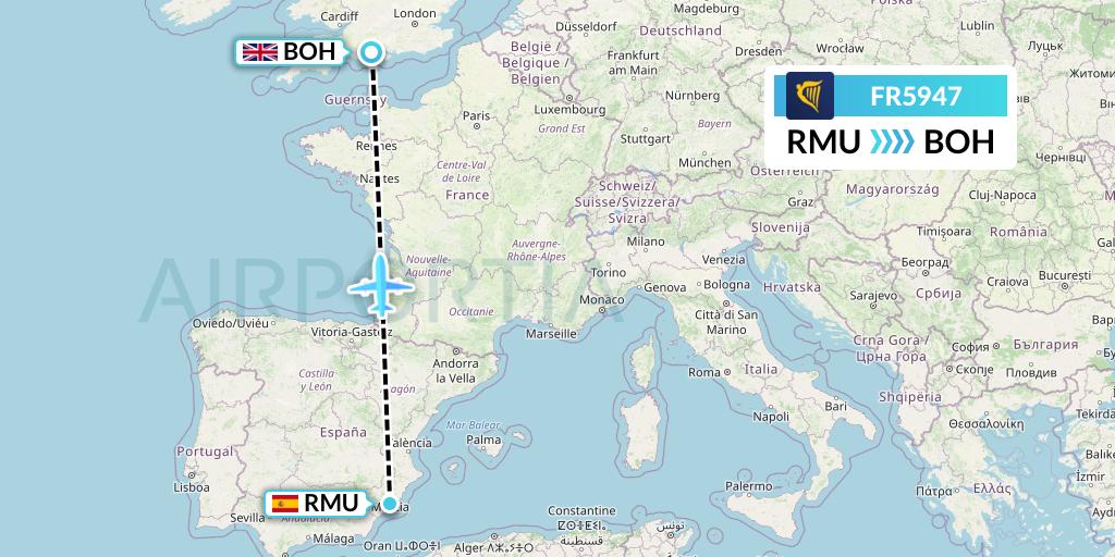 FR5947 Ryanair Flight Map: Murcia to Bournemouth