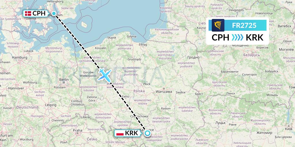 FR2725 Ryanair Flight Map: Copenhagen to Krakow