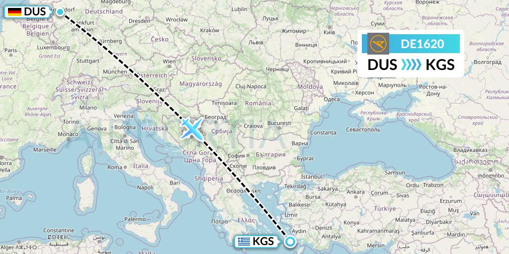 DE1620 Condor Flight Map: Dusseldorf to Kos