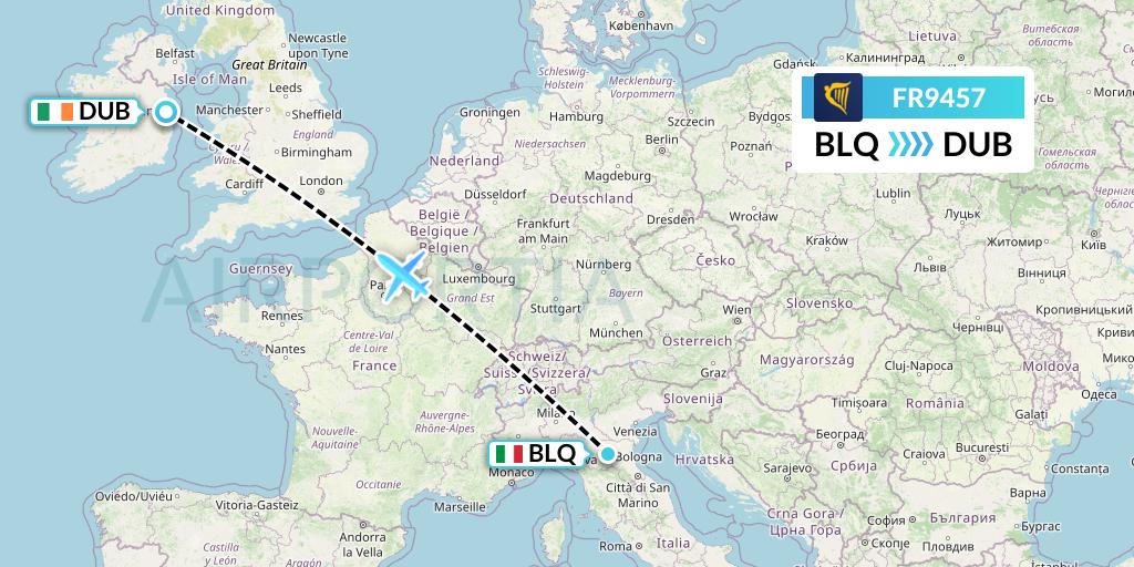 FR9457 Ryanair Flight Map: Bologna to Dublin
