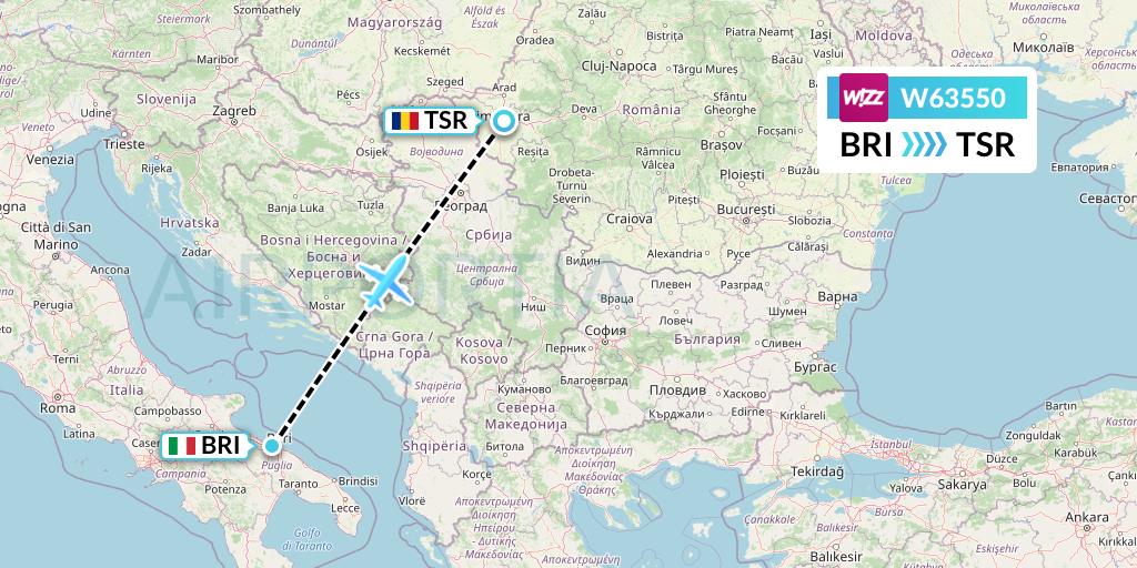 W63550 Wizz Air Flight Map: Bari to Timisoara