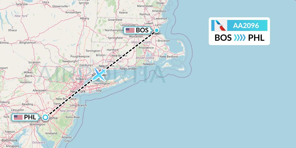 AA2096 American Airlines Flight Map: Boston to Philadelphia