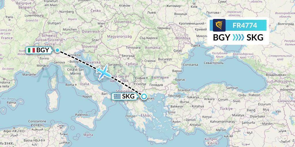 FR4774 Ryanair Flight Map: Milan to Thessaloniki