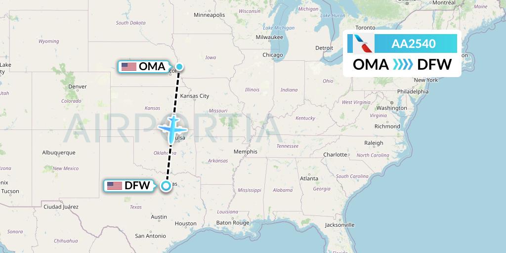 AA2540 American Airlines Flight Map: Omaha to Dallas
