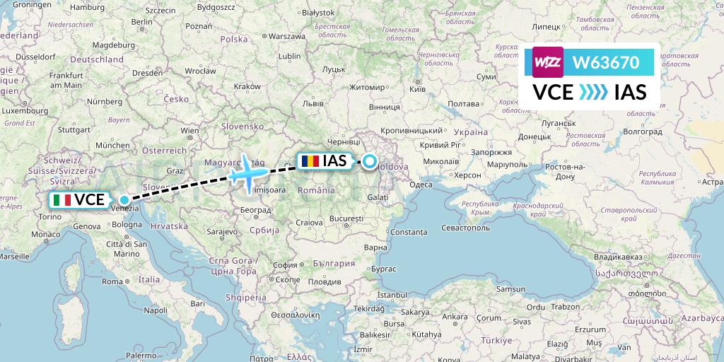 W63670 Wizz Air Flight Map: Venice to Iasi
