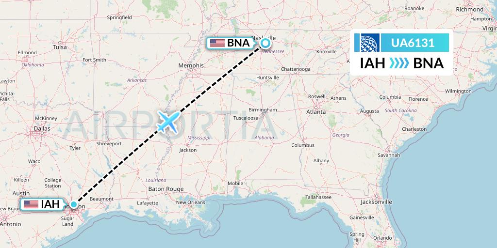 UA6131 United Airlines Flight Map: Houston to Nashville