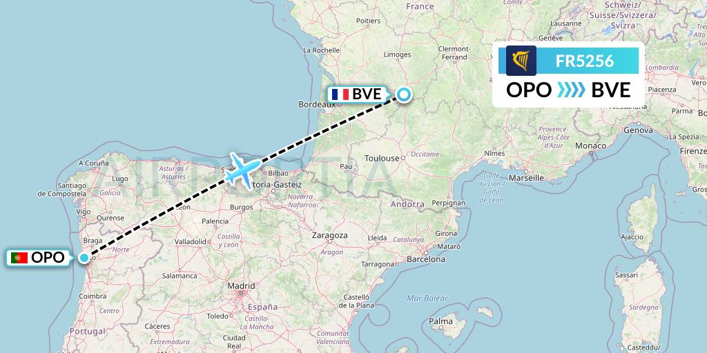 FR5256 Ryanair Flight Map: Porto to Brive