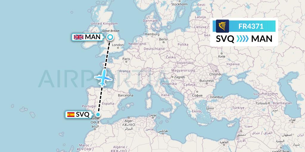 FR4371 Ryanair Flight Map: Seville to Manchester