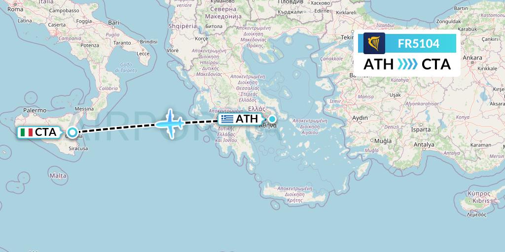 FR5104 Ryanair Flight Map: Athens to Catania