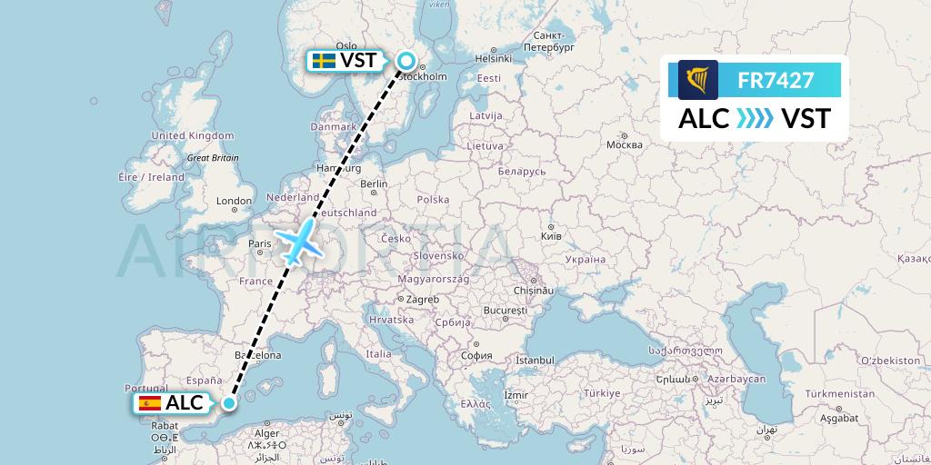 FR7427 Ryanair Flight Map: Alicante to Stockholm