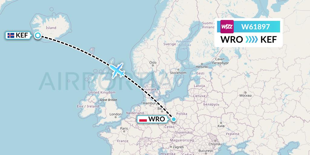 W61897 Wizz Air Flight Map: Wroclaw to Reykjavik
