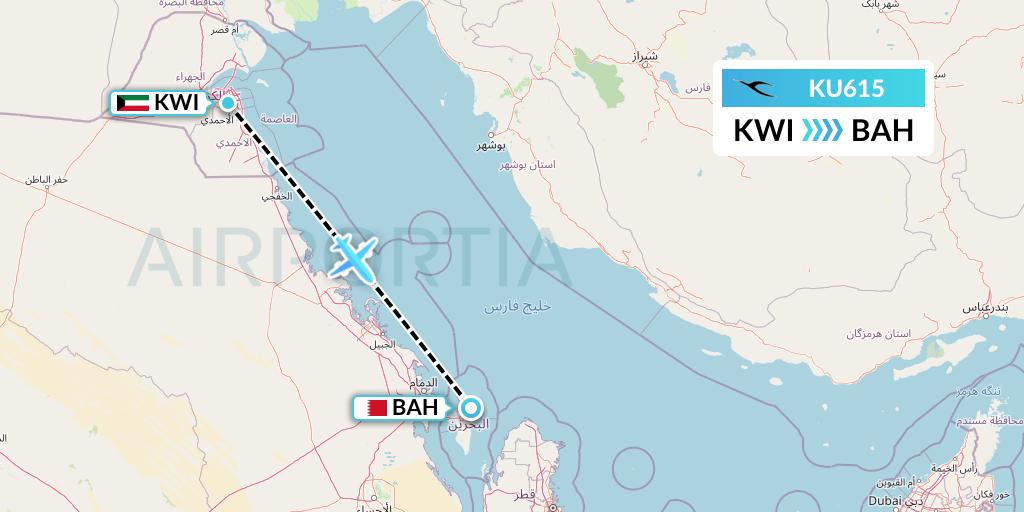 KU615 Kuwait Airways Flight Map: Kuwait City to Bahrain
