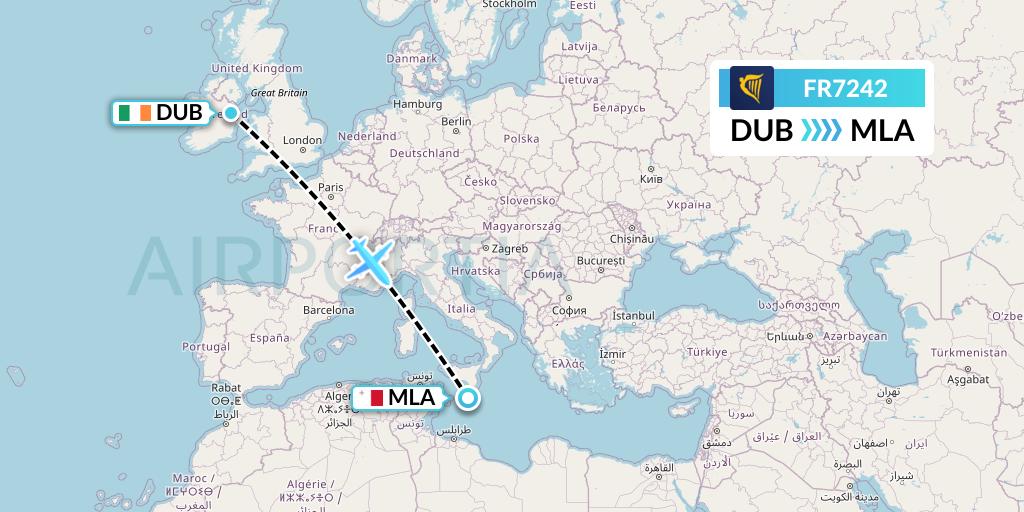 FR7242 Ryanair Flight Map: Dublin to Malta