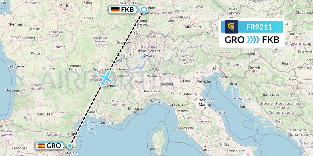 FR9211 Ryanair Flight Map: Girona to Karlsruhe/Baden-Baden