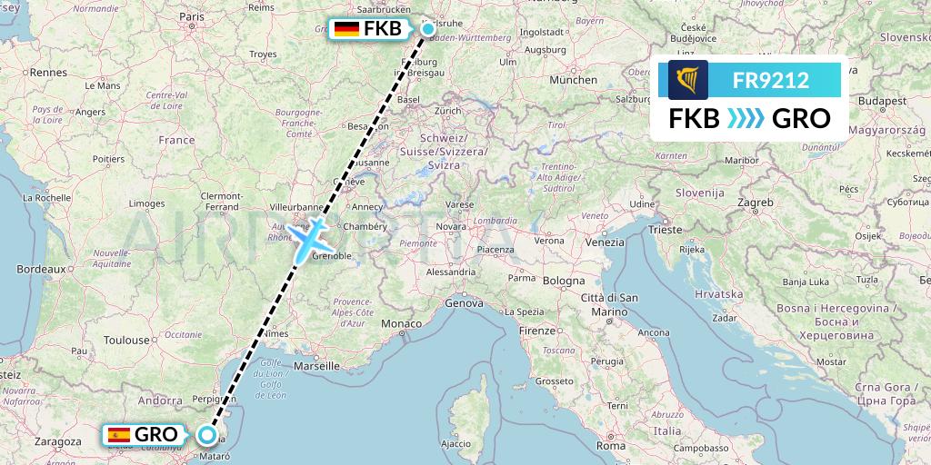 FR9212 Ryanair Flight Map: Karlsruhe/Baden-Baden to Girona