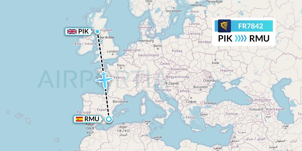 FR7842 Ryanair Flight Map: Prestwick to Murcia
