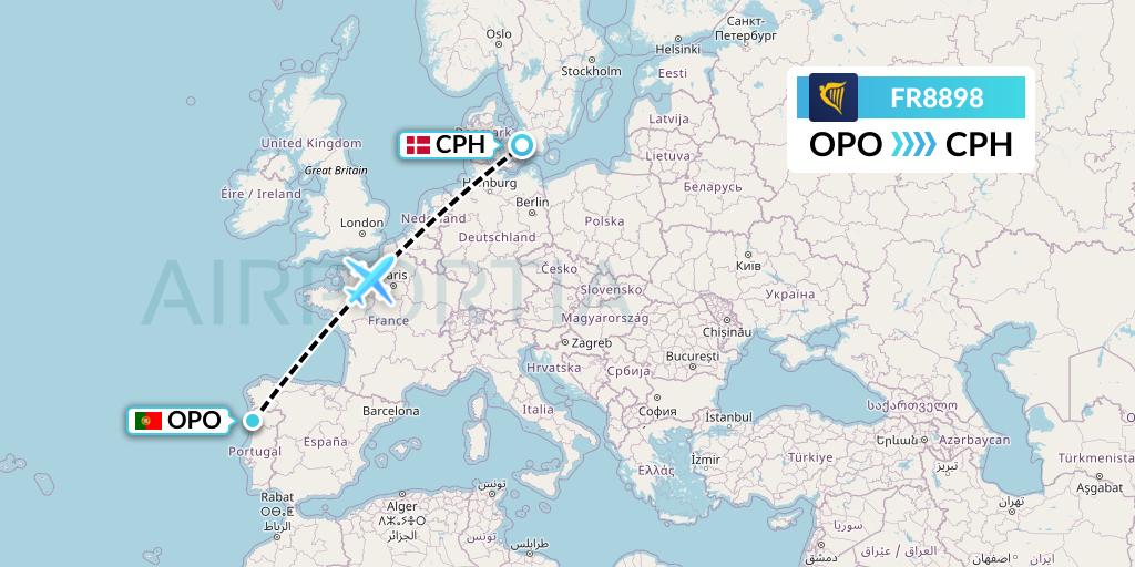 FR8898 Ryanair Flight Map: Porto to Copenhagen