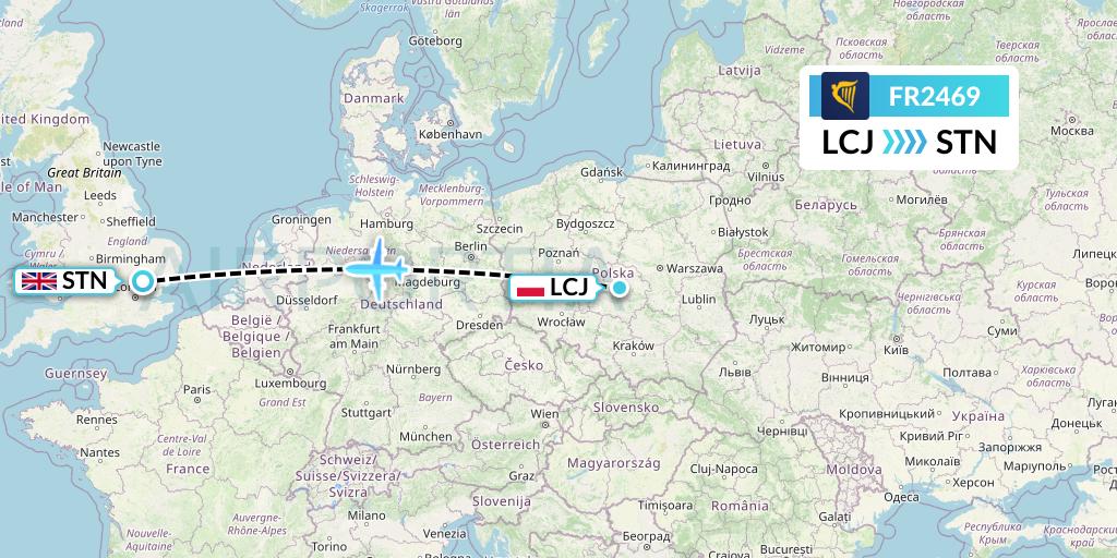 FR2469 Ryanair Flight Map: Lodz to London