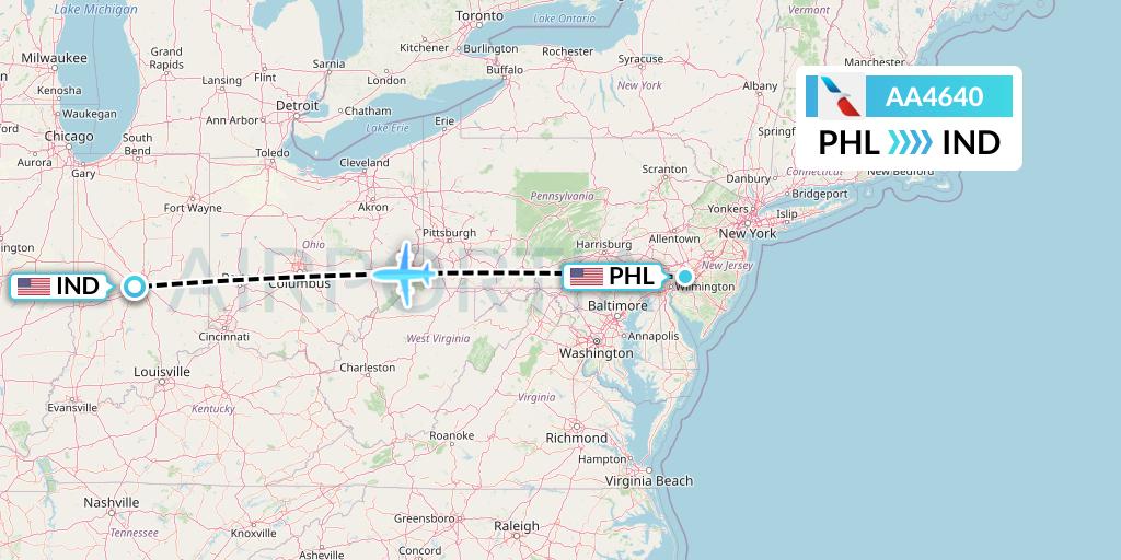 AA4640 American Airlines Flight Map: Philadelphia to Indianapolis