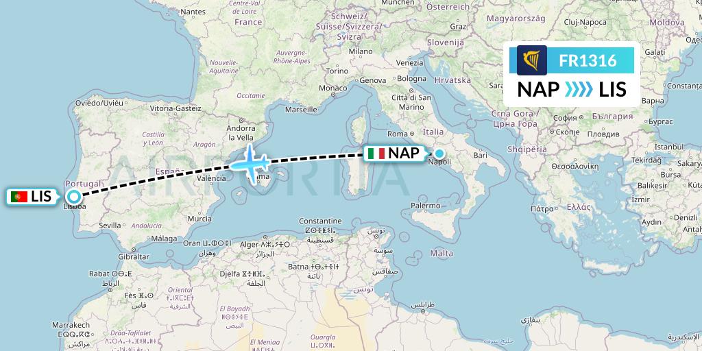 FR1316 Ryanair Flight Map: Naples to Lisbon