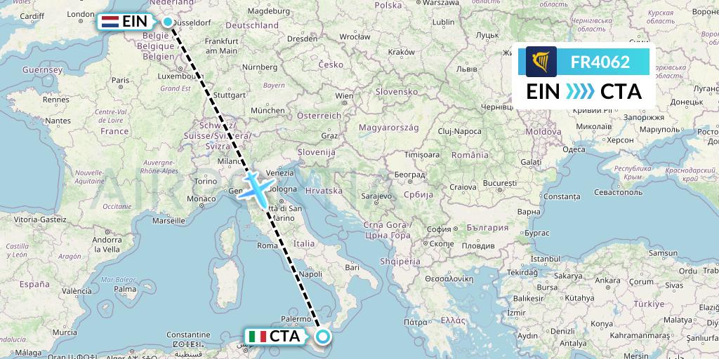 FR4062 Ryanair Flight Map: Eindhoven to Catania