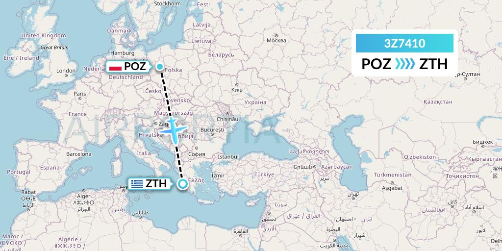 3Z7410 Travel Service Polska Flight Map: Poznan to Zakynthos