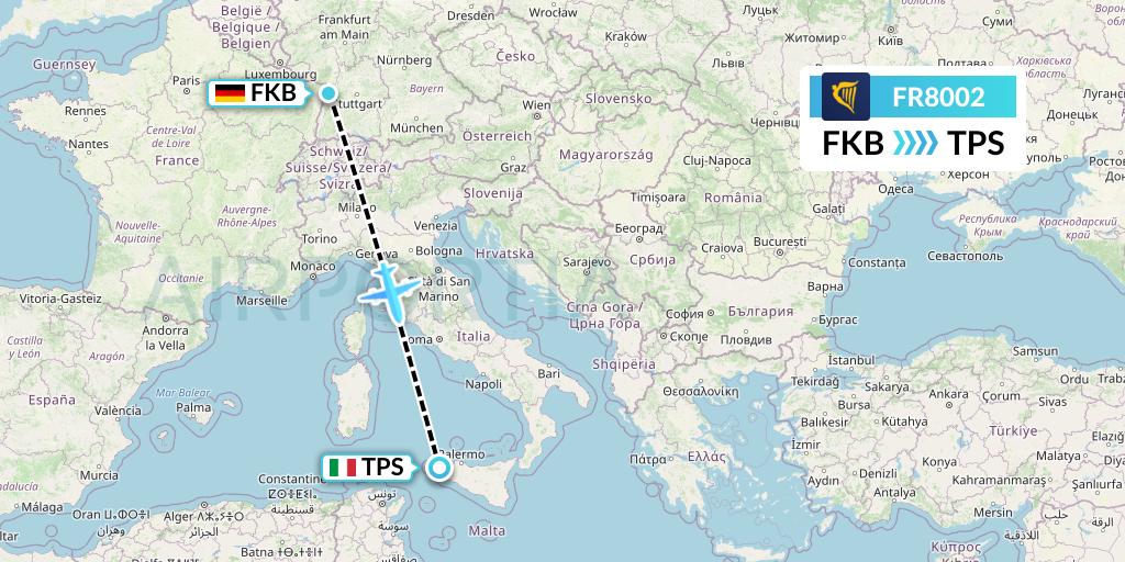 FR8002 Ryanair Flight Map: Karlsruhe/Baden-Baden to Trapani