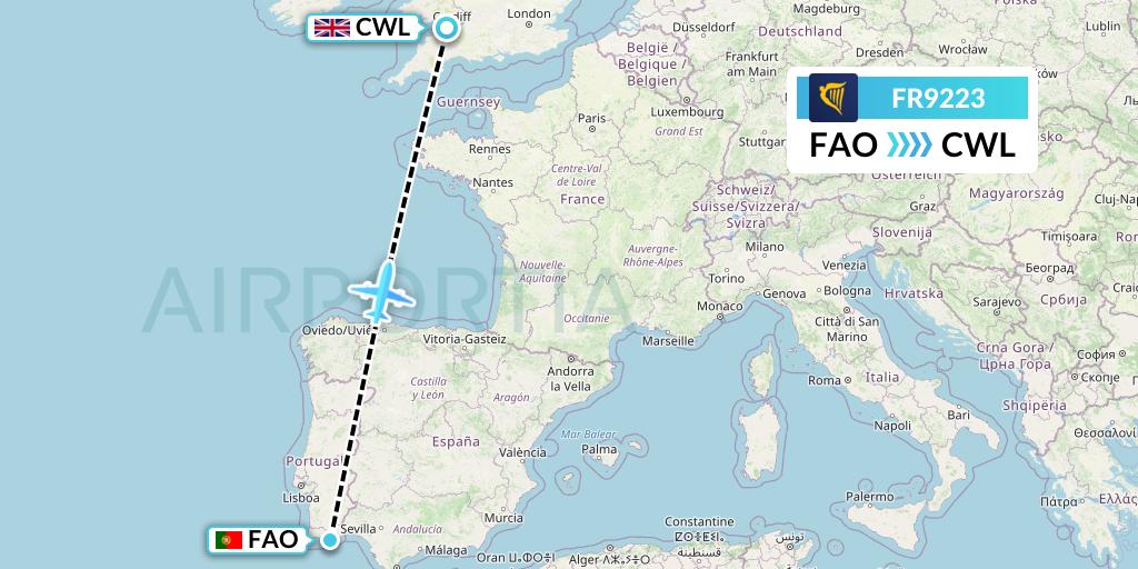 FR9223 Ryanair Flight Map: Faro to Cardiff