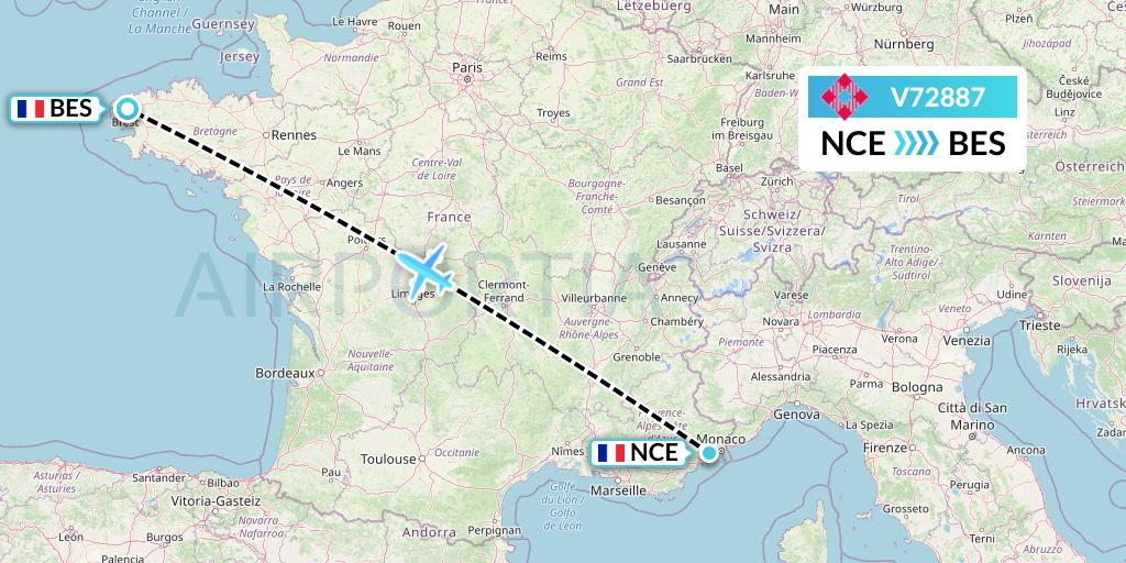 V72887 Volotea Flight Map: Nice to Brest
