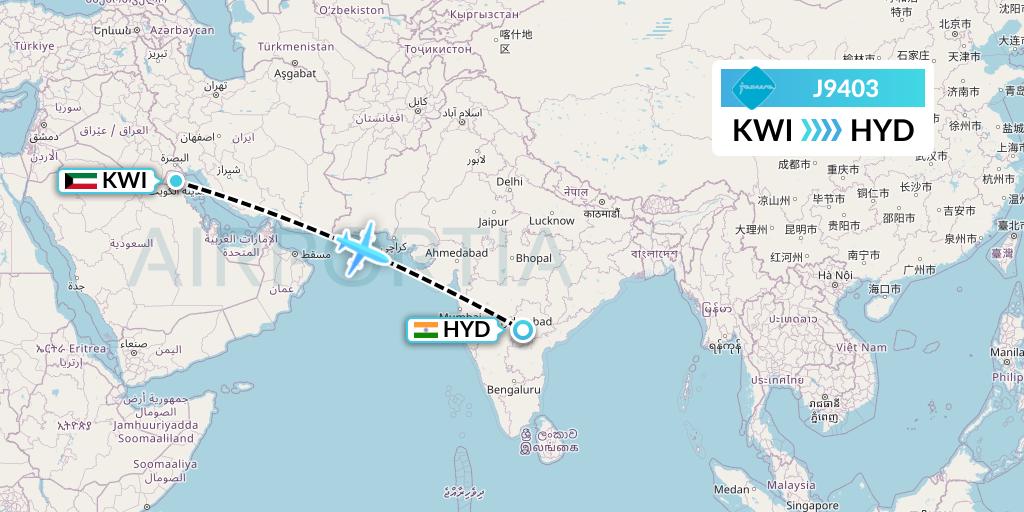 J9403 Jazeera Airways Flight Map: Kuwait City to Hyderabad