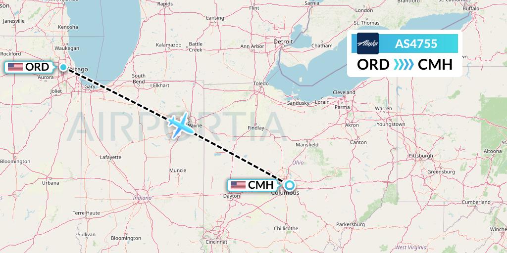 AS4755 Alaska Airlines Flight Map: Chicago to Columbus