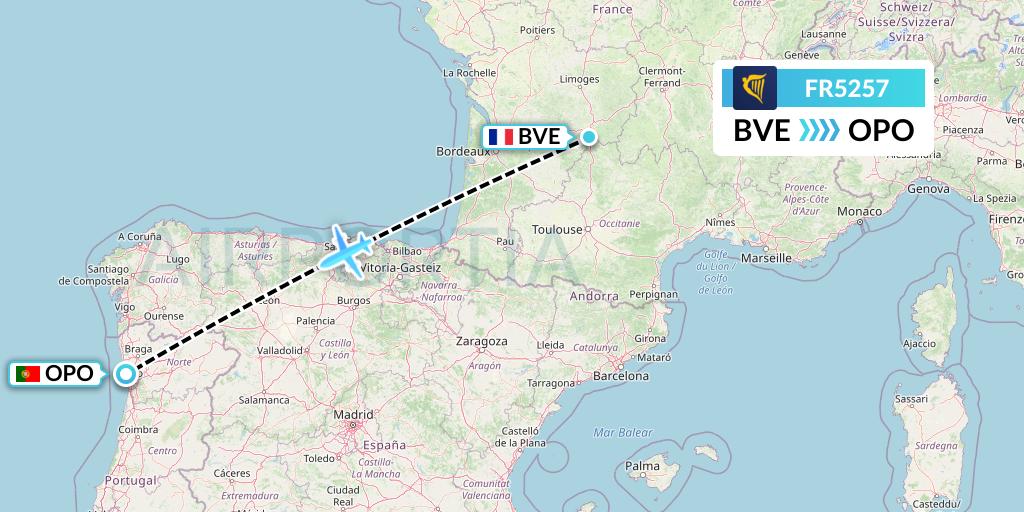 FR5257 Ryanair Flight Map: Brive to Porto