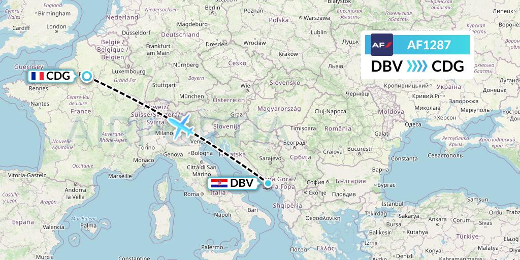 AF1287 Air France Flight Map: Dubrovnik to Paris