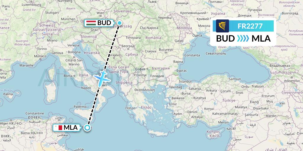 FR2277 Ryanair Flight Map: Budapest to Malta