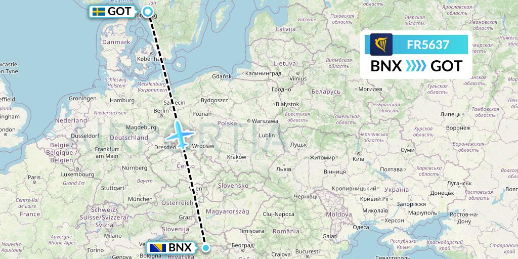 FR5637 Ryanair Flight Map: Banja Luka to Gothenburg
