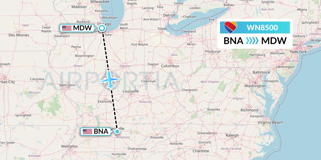WN8500 Southwest Airlines Flight Map: Nashville to Chicago