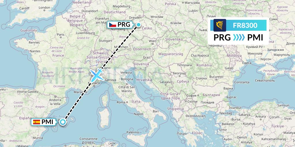 FR8300 Ryanair Flight Map: Prague to Palma de Mallorca