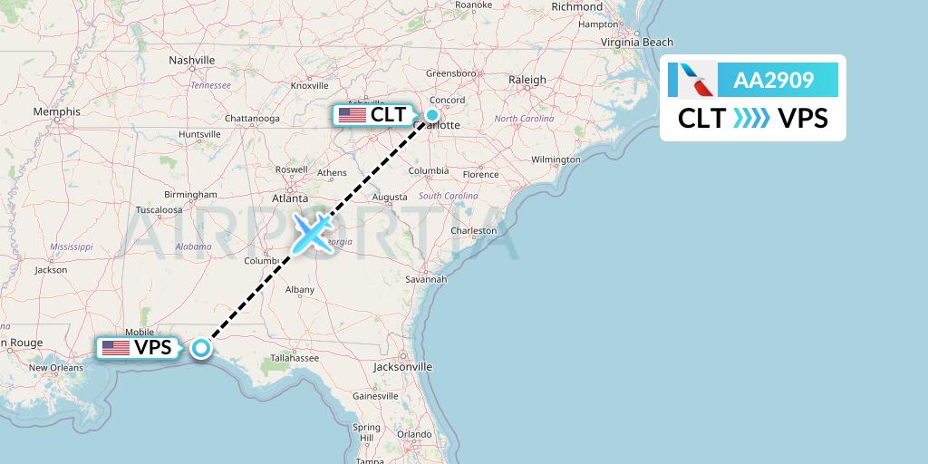 AA2909 American Airlines Flight Map: Charlotte to Valparaiso
