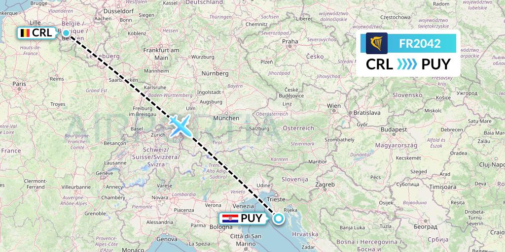 FR2042 Ryanair Flight Map: Brussels to Pula
