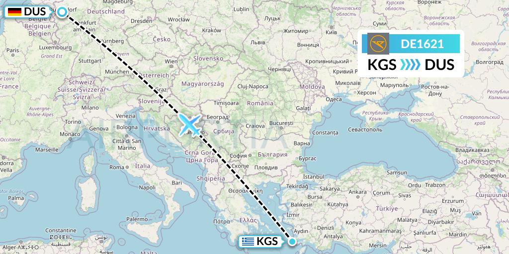 DE1621 Condor Flight Map: Kos to Dusseldorf