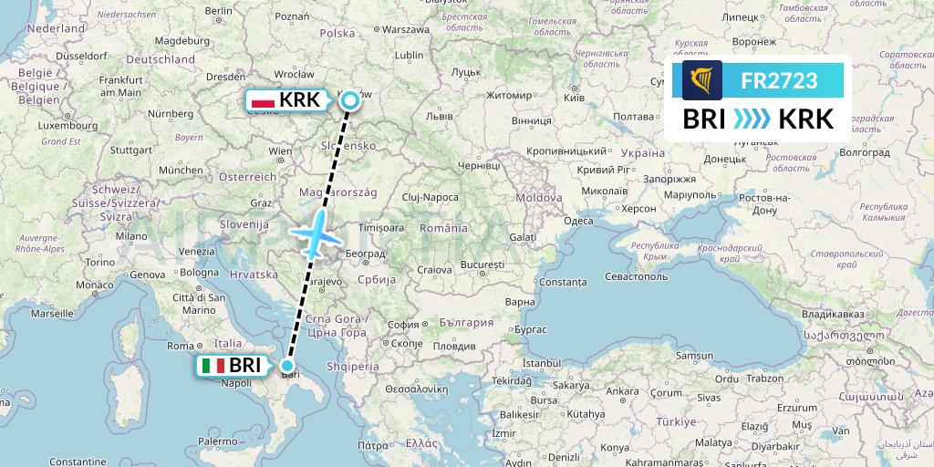 FR2723 Ryanair Flight Map: Bari to Krakow