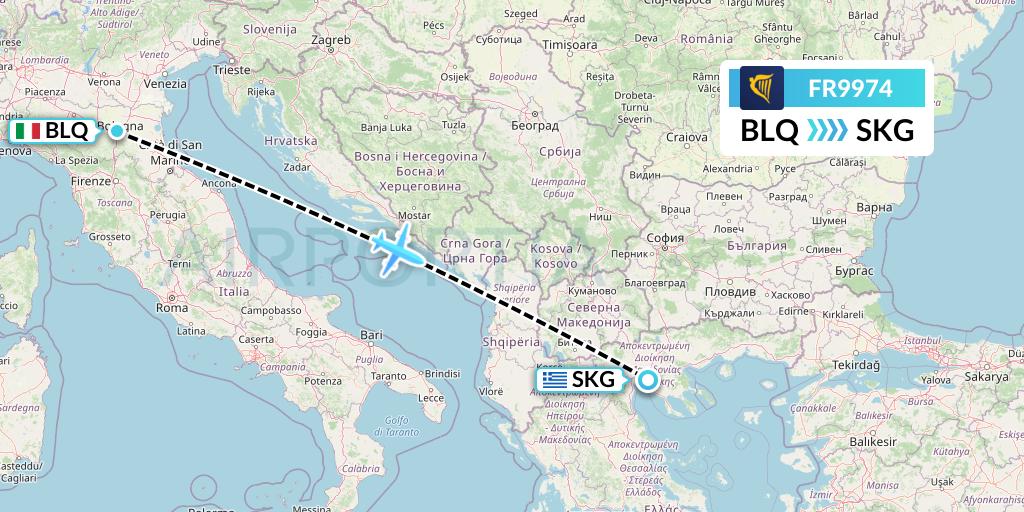 FR9974 Ryanair Flight Map: Bologna to Thessaloniki