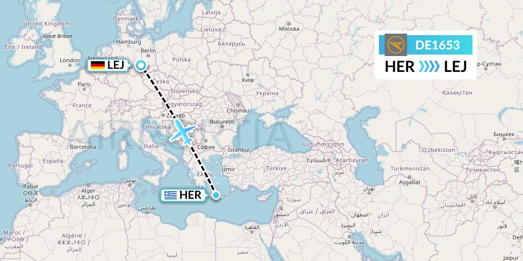 DE1653 Condor Flight Map: Heraklion to Leipzig