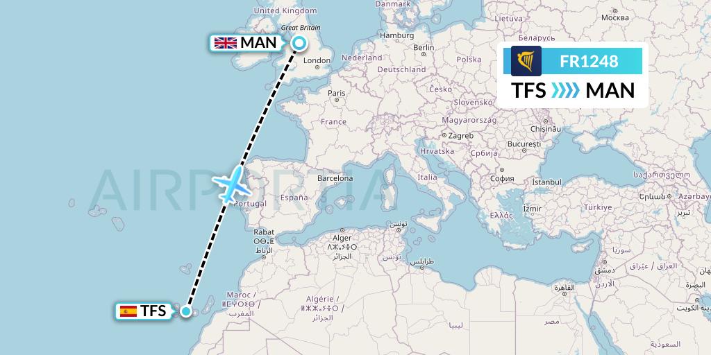 FR1248 Ryanair Flight Map: Tenerife to Manchester