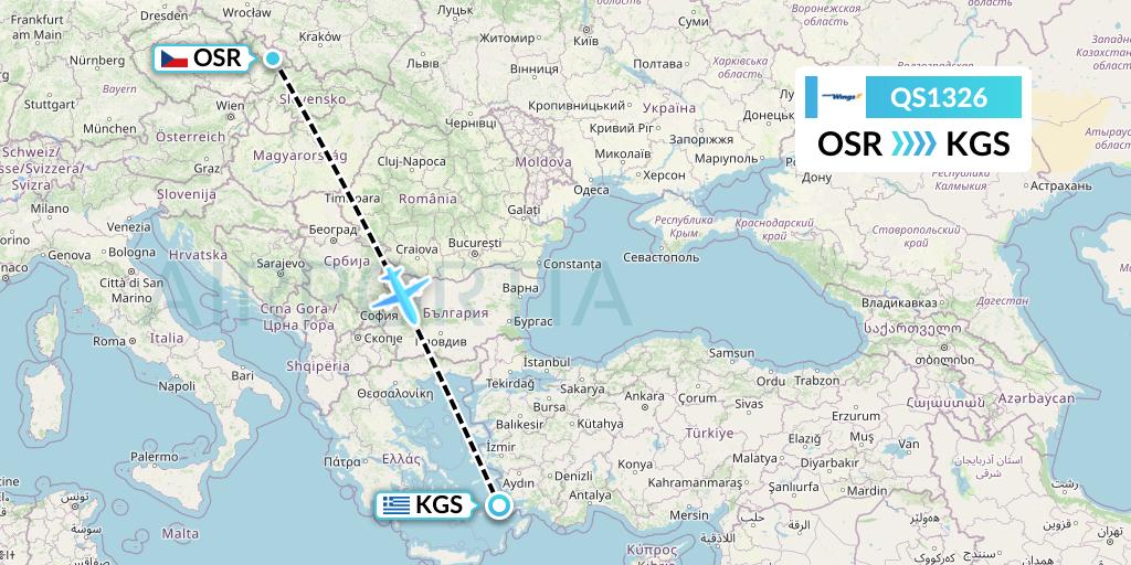 QS1326 Smartwings Flight Map: Ostrava to Kos
